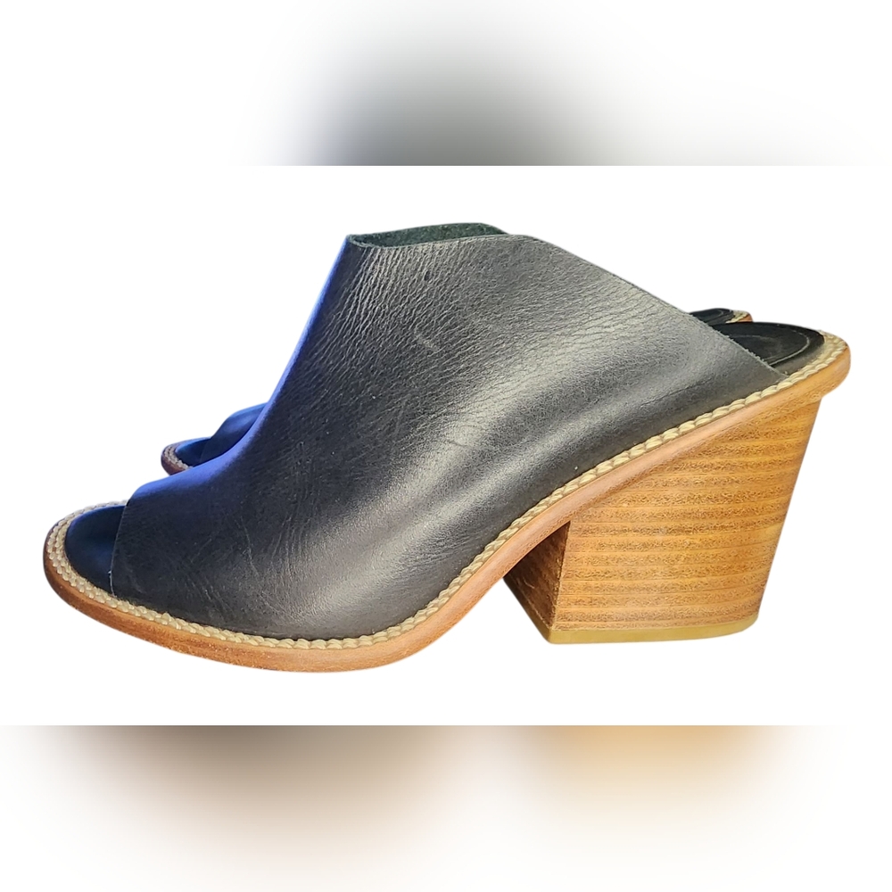 Tibi Black Leather Mules with Wooden Heel